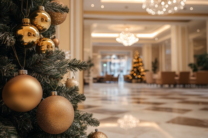 vstupní hala hotelu s vánočním stromečkem a dekoracemi
